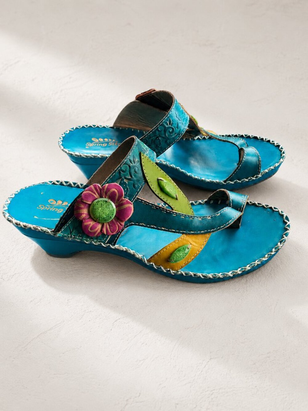 Spring Step L'Artiste Roseanne Leather Sandals 37 6.5 - 7 Turquoise Floral Wedge